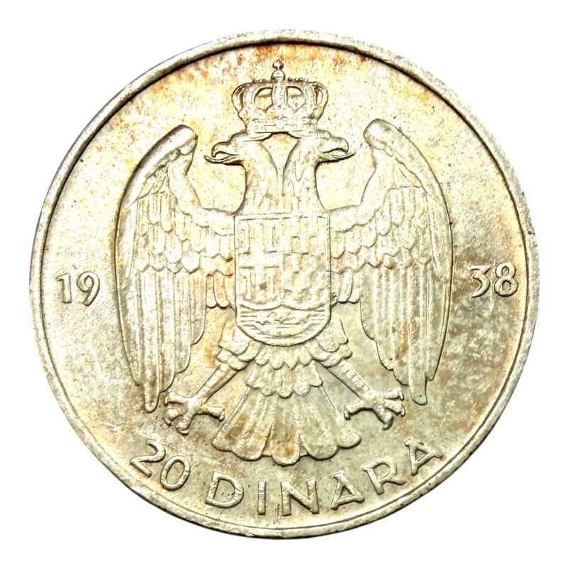 Coin 20 Dinars 1938 Yugoslavia, Peter II, Silver A0132