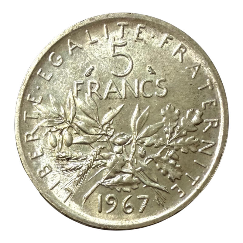 Coin 5 Francs 1967 France, Semeuse, Silver A0135