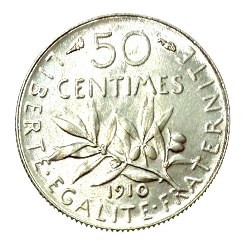 Coin 50 Centimes 1910 France, Semeuse, Silver, Quality A0136