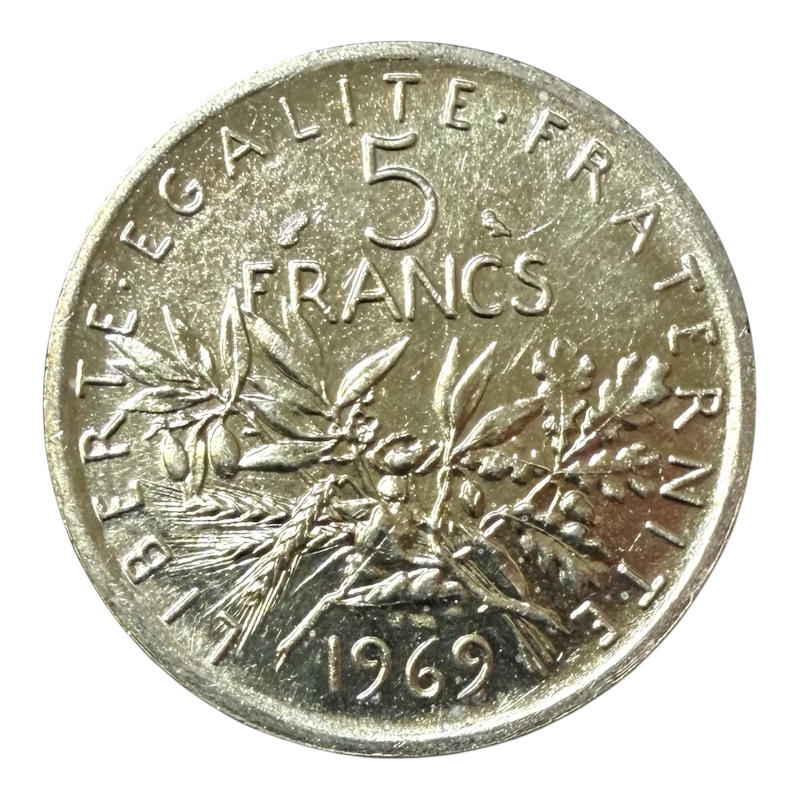Coin 5 Francs 1969 France, Semeuse, Silver A0147