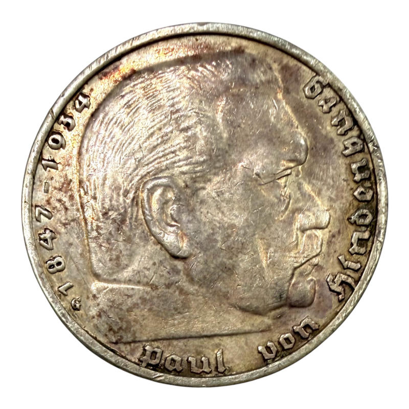 Coin 5 Reichsmark 1939 G Germany, Paul von Hindenburg Silver, Mintage 567.000 A0168