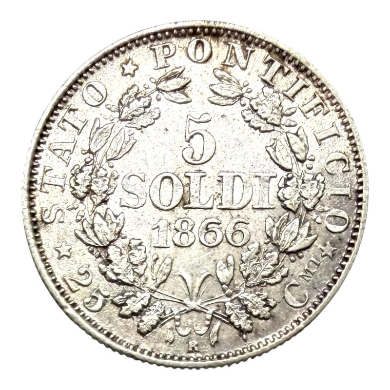 Coin 5 Soldi 1866 R Vatican, Pius IX,An XXI, Silver, Mintage 100.000 A0170