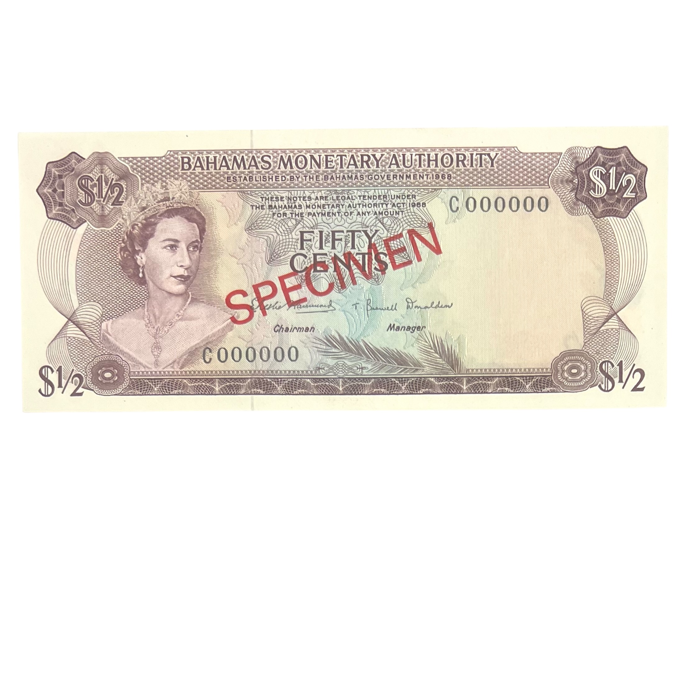 Banknote 50 Cents (1/2 Dollar) Bahamas 1968 SPECIMEN UNC REFA0026