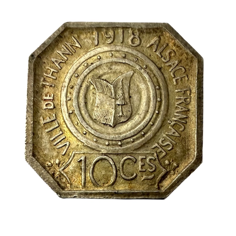 Token 10 Centimes 1918, City of Thann, Alsace, France, Silver, Very rare, Mintage 259 pieces